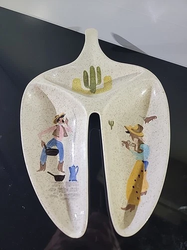 vintage Red Wing Pottery Chuck Wagon Round Up 3 Part Relish Tray