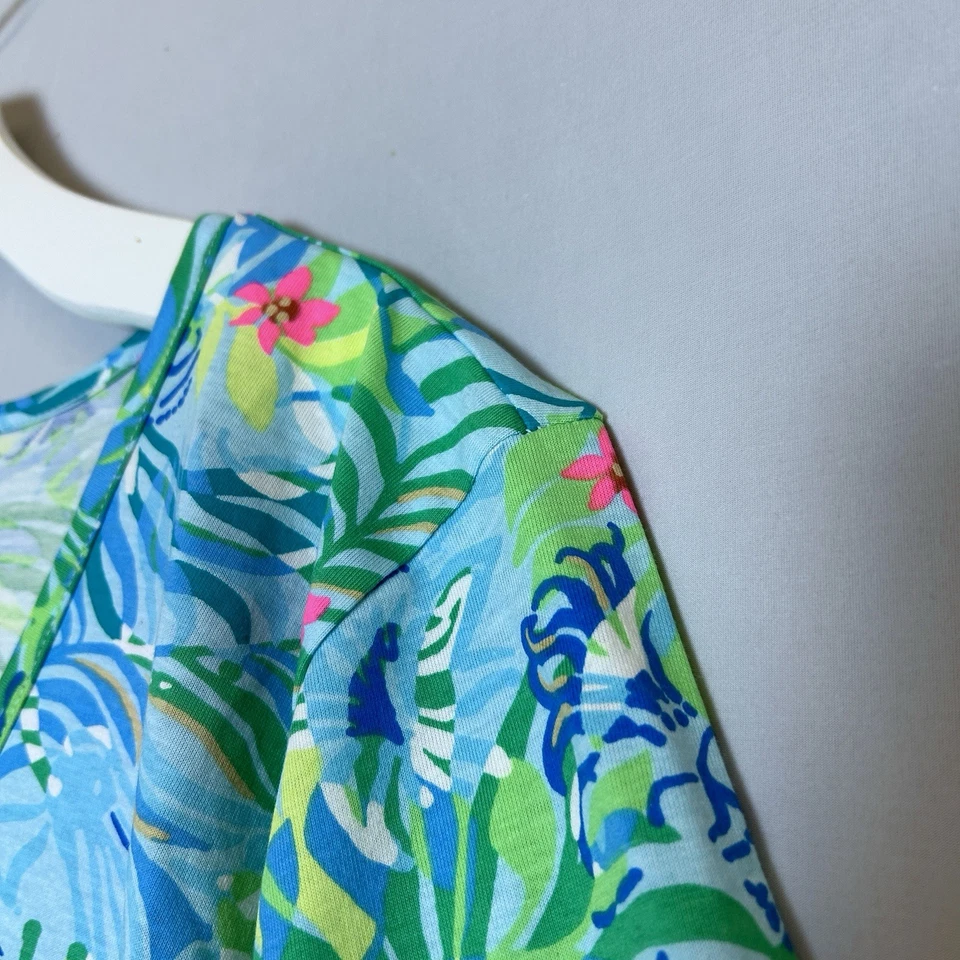 Lilly Pulitzer 连衣裙 XXL 蓝色绿色 Etta 短袖 Via Parigi 花卉狮子 — 第 3/4 张图片