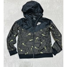 Nike Kids Boys Large Windrunner Hooded Jacket Black Neon Swoosh Print