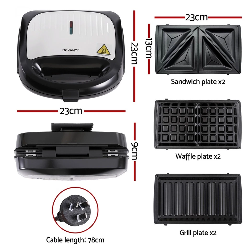 Devanti 3-in-1 Sandwich Press Waffle Maker Panini Press Grill 850W Fast Heating - image 3 of 4