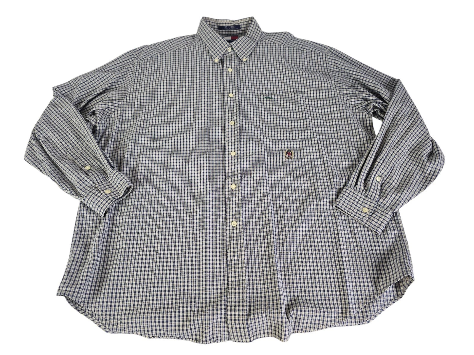 Vintage Tommy Hilfiger Seersucker Button-Down Shirt Plaid Check 90s Crest XL