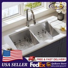 Quikore 32 Inch undermount Double Bowl 16 Gauge Stainless Steel Handmade Sink