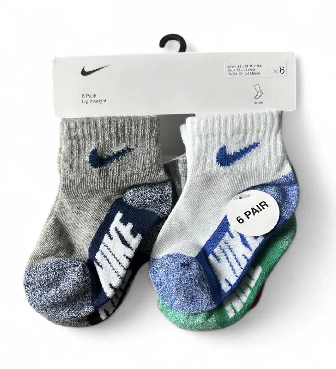*New* Nike 6 Pack Assorted Ankle Socks Infant Boys Size 12-24 Months NWT