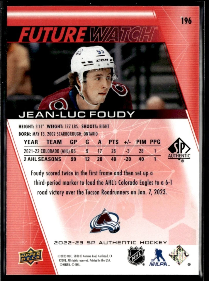 2022-23 SP Authentic Limited Red Jean-Luc Foudy #196 - Image 2 of 2