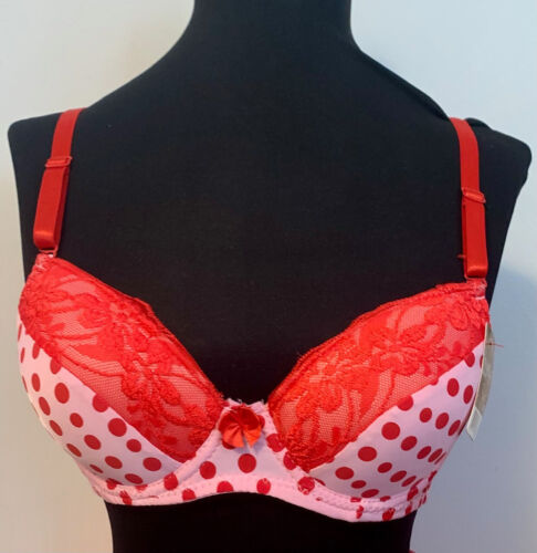 Push Up BRA 32B RED PINK LACE POLKA DOTS NEW TAGS PinUp Glam FREE PINUP ART - Picture 1 of 24