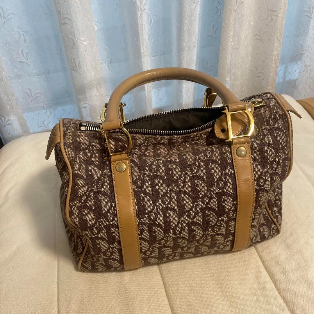 Mini sac Boston CHRISTIAN DIOR Trotter toile D accent beige bordeaux occasion