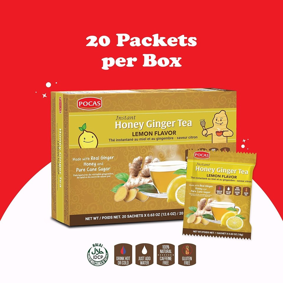 Pocas Instant Lemon Honey Ginger Tea 40 Tea Bags Gluten Free No