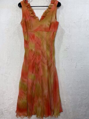 Vintage Custom Made Silk Midi Dress XS S Ombré Orange Watercolor V Neck Fairy