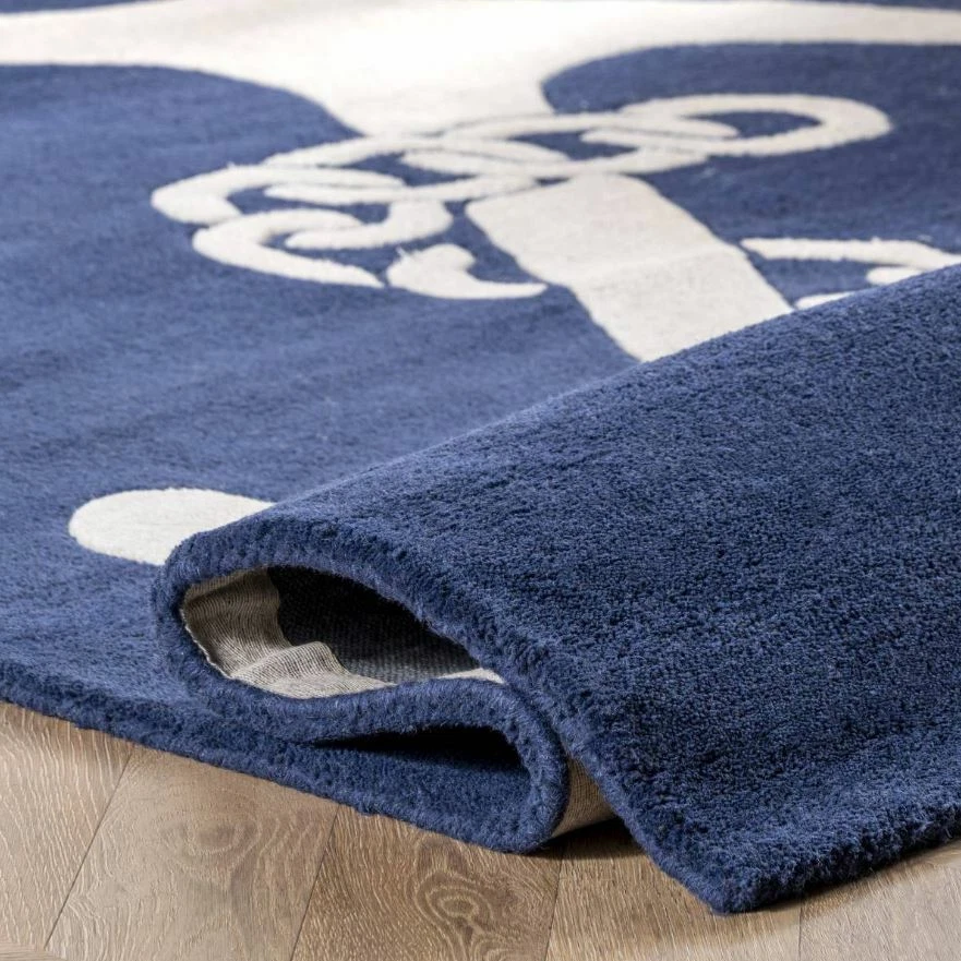 Alfombra alfombra suave 100 % lana acolchada a mano azul marino ancla náutica Foto 3 de 4