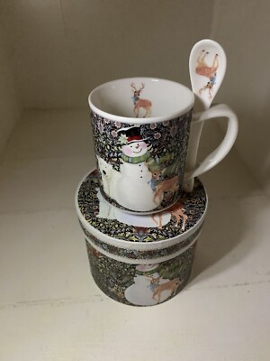 Rare Vintage Bouchara Depuis Winter Christmas Mug And Spoon Set