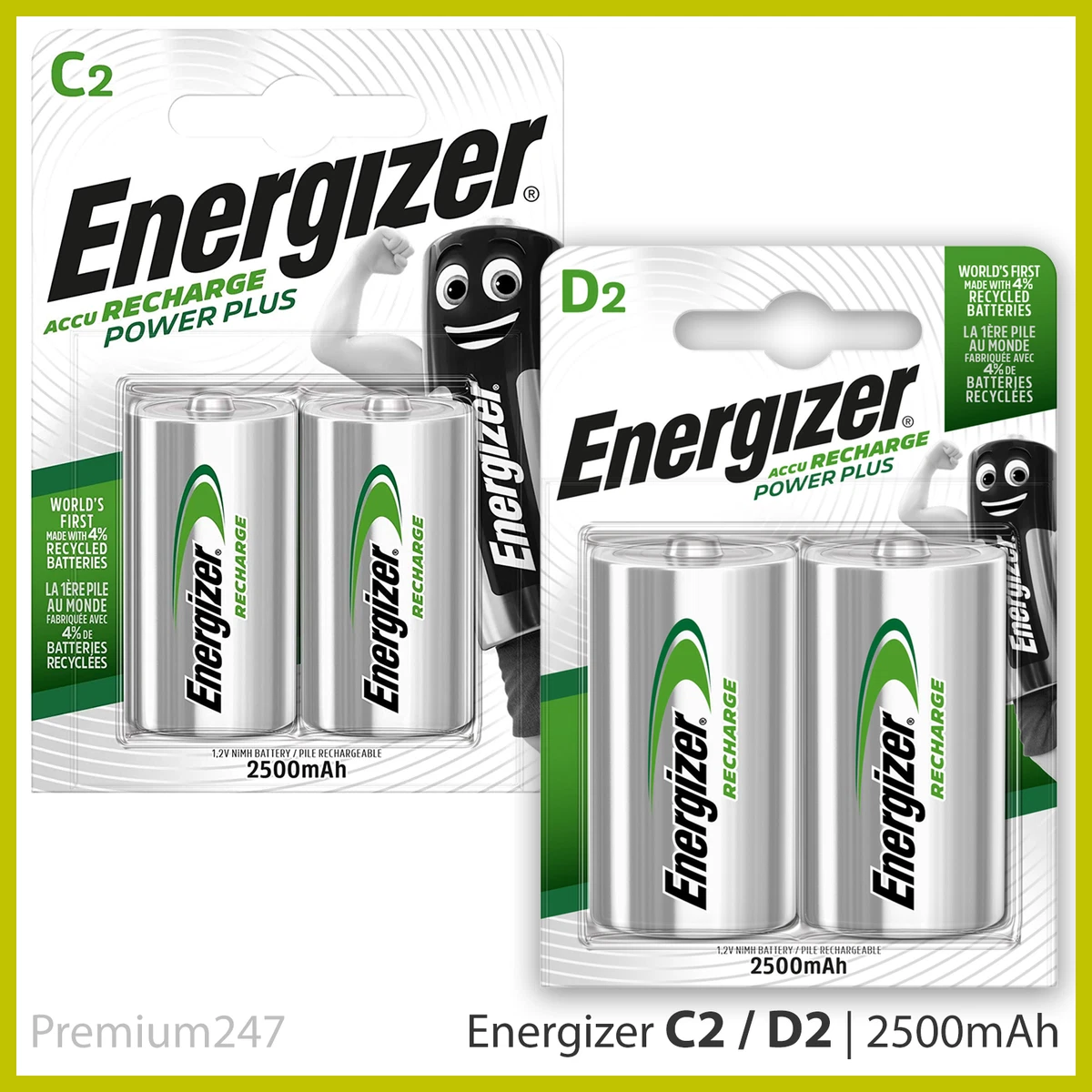 2 Piles Rechargeables Energizer Power Plus 2500mAh D / HR20