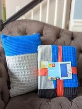 LEGO x TARGET Matching Color Block Sweater Knit Throw Blanket + Pillow Blue NEW