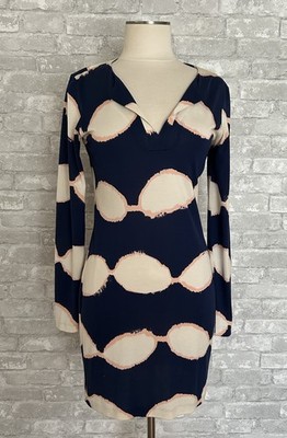 DVF Diane Von Furstenberg Size 6 Reina Tunic Silk Dress Long Sleeve Shibori Navy