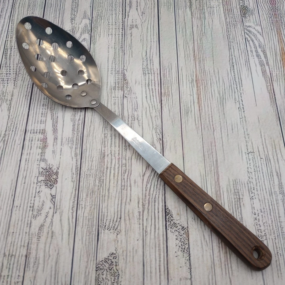 Vintage Robinson Stainless Steel Slotted Serving Cooking Spoon Wood Handle