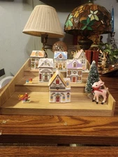 Vintage Wood 3 Tier Table Top Spice Rack Display Riser, Spice Village Shelf 