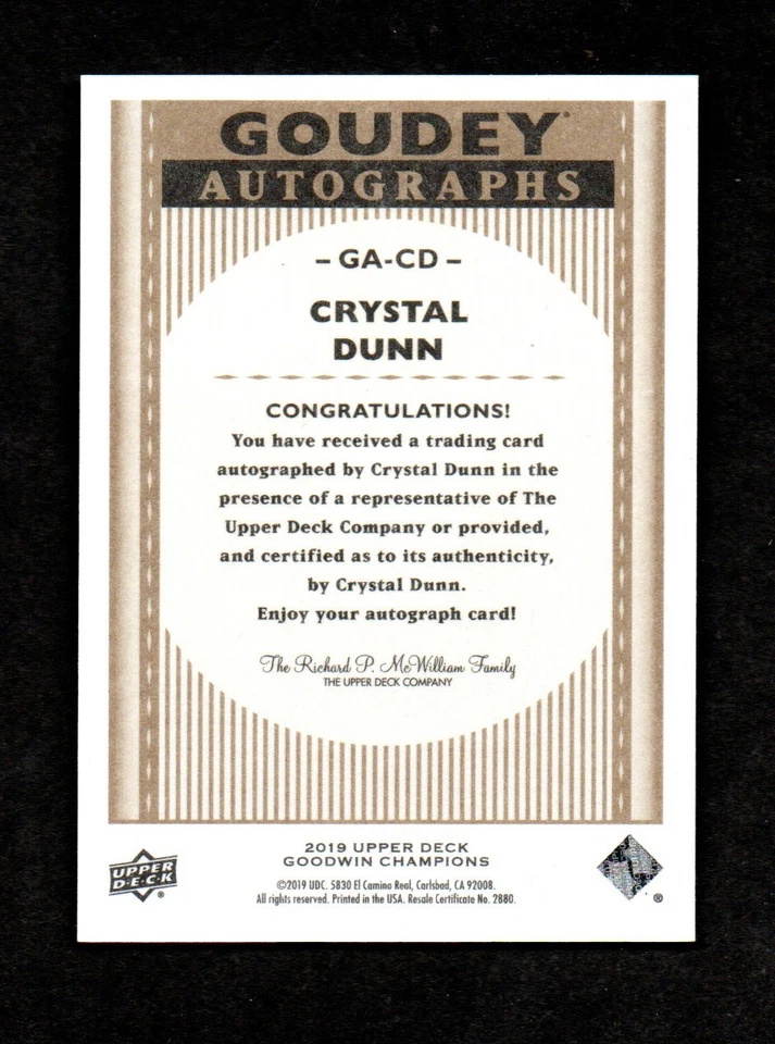 Goodwin Champions Goudey 2019 autógrafo Crystal Dunn fútbol Foto 2 de 2