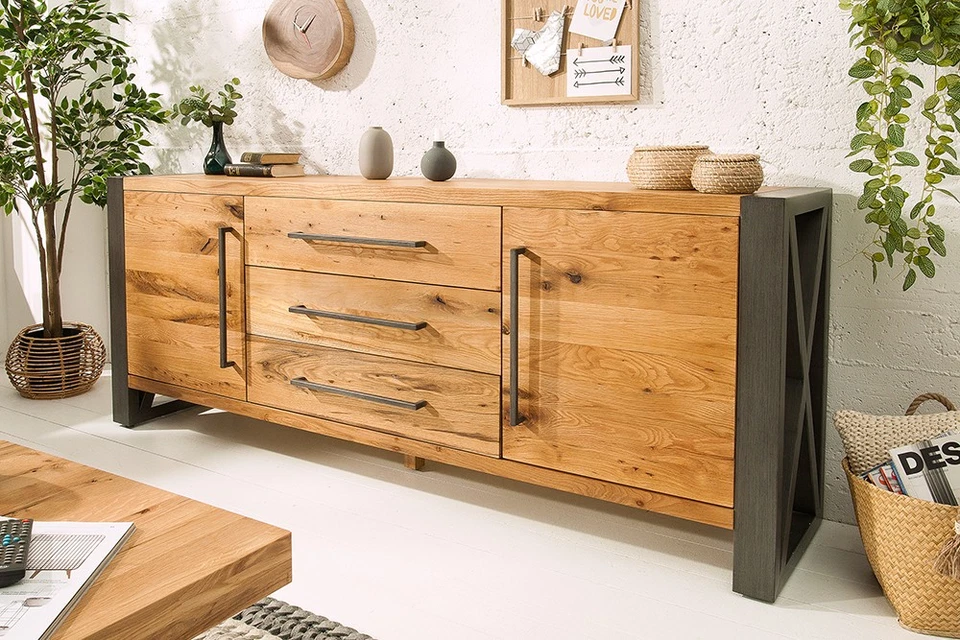Massivholz Sideboard THOR - 200cm - natur - Wildeiche Metall - mit Schubladen - Bild 3 von 4