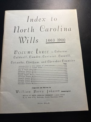 Index to North Carolina Wills 1663-1900 Probate Estate Genealogy Records