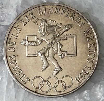 1968 Mexico XIX Olympic Games Aztec Player 25 Pesos 0.72 Silver Coin .5209 ASW