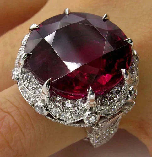 Huge Vintage Lab-Created 50.63CT Round Red Ruby fancy 925 Silver Engagement Ring