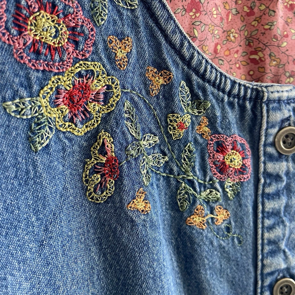 Vintage Denim Dress XL Blue Jean Modest Sleeveless Button Up Embroidered - Image 4 of 4
