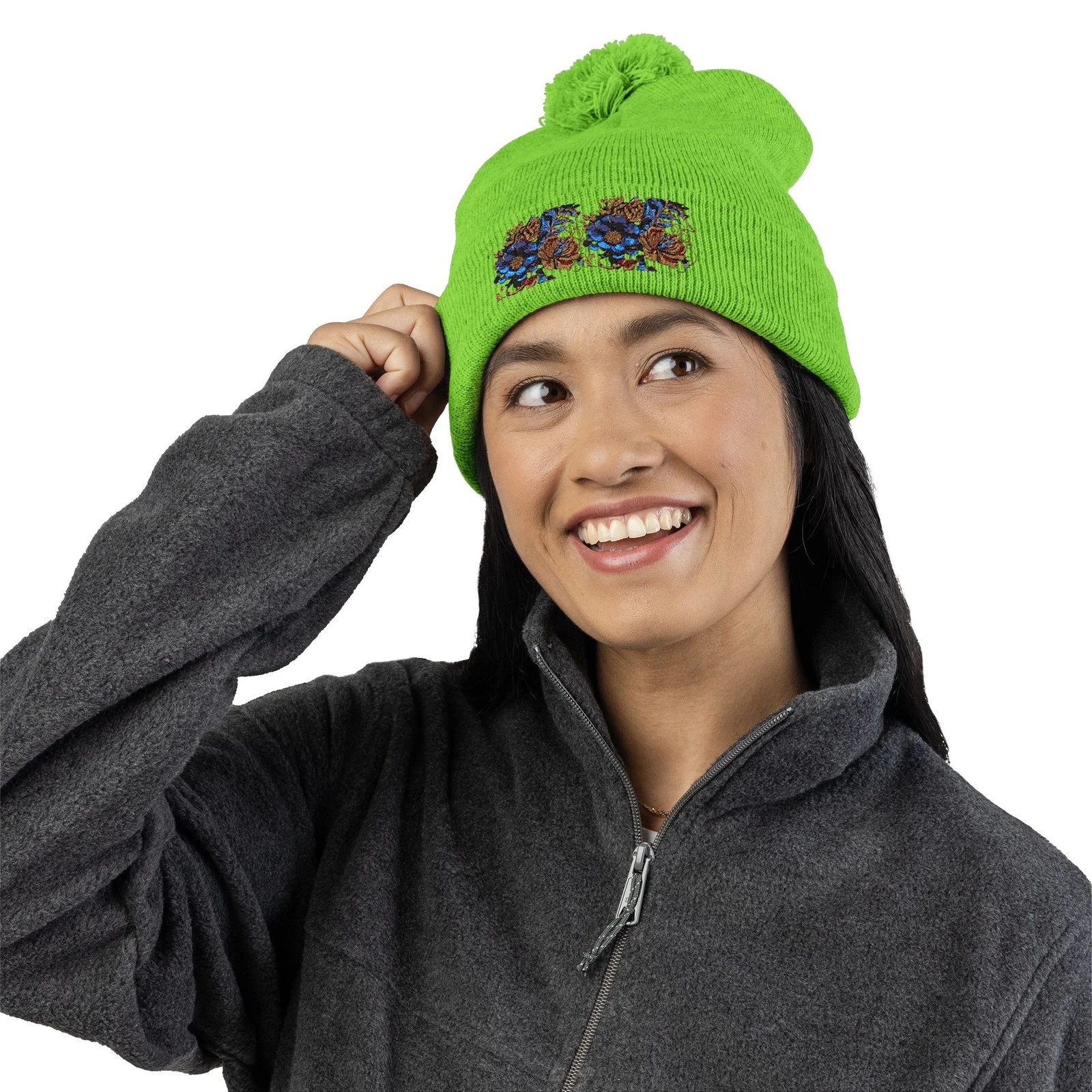 Limited Edition Gold & Blue Floral Embroidered Pom-Pom Knit Cap Winter Beanie