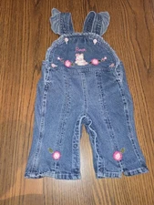 B.T. Kids Denim Bib Ruffled Girls Overalls Embroidered Bear 6-9 Months