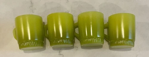 4 Vintage Avocado Green Fire King Anchor Hocking Coffee Cups/Mugs MCM