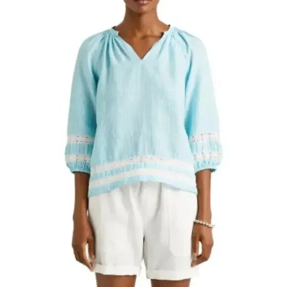Top campesino Lauren Ralph Lauren para mujer de lino con ribete de encaje XXL azul blanco cuello en V