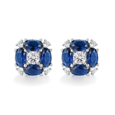 Damen Ohrstecker massiv Sterling 925 Silber blau-weißer Saphir Cluster