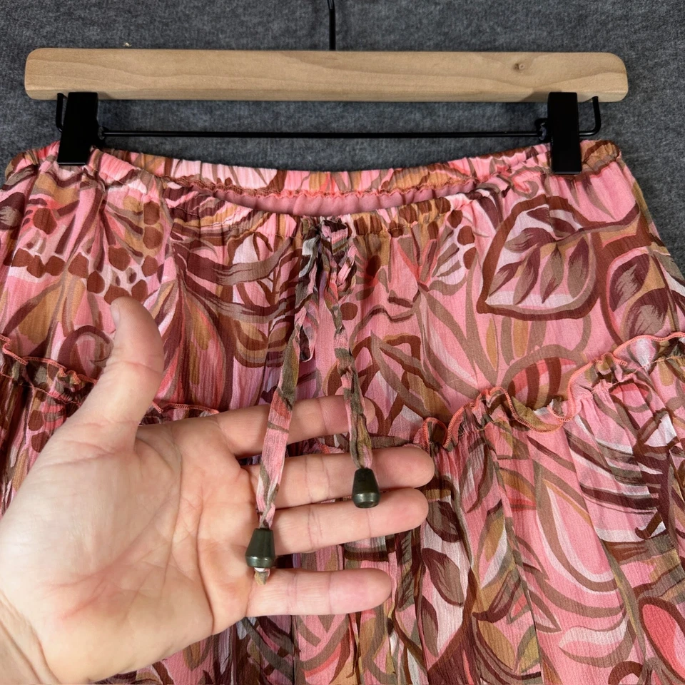 Y2K Bob Mackie Studios 真丝分层长裙女式 14 粉色雪纺叶子印花 — 第 2/4 张图片