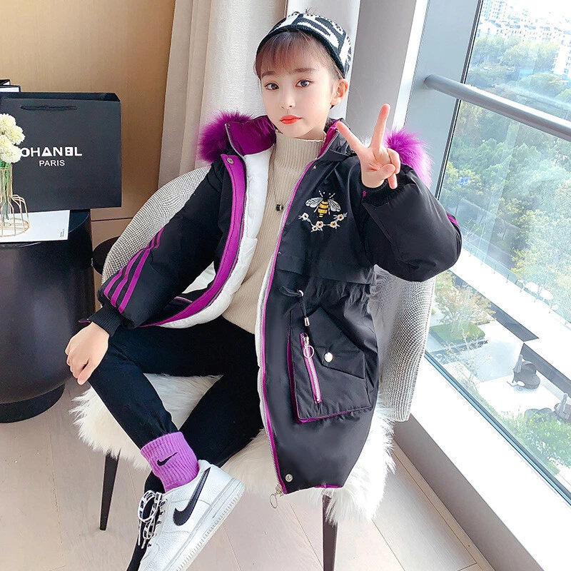 Новый девочек толстое пальто детей с капюшоном с подкладкой толстая парка длинный мех теплая куртка зима - Изображение 2 из 4
