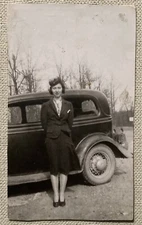 Vintage Photo Woman in Dress With Classic Car Black & White 2.5" x 4.25"