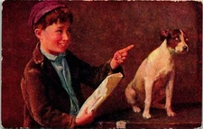 Painting Boy and Dog Newspaper Postcard Unused (33660)
