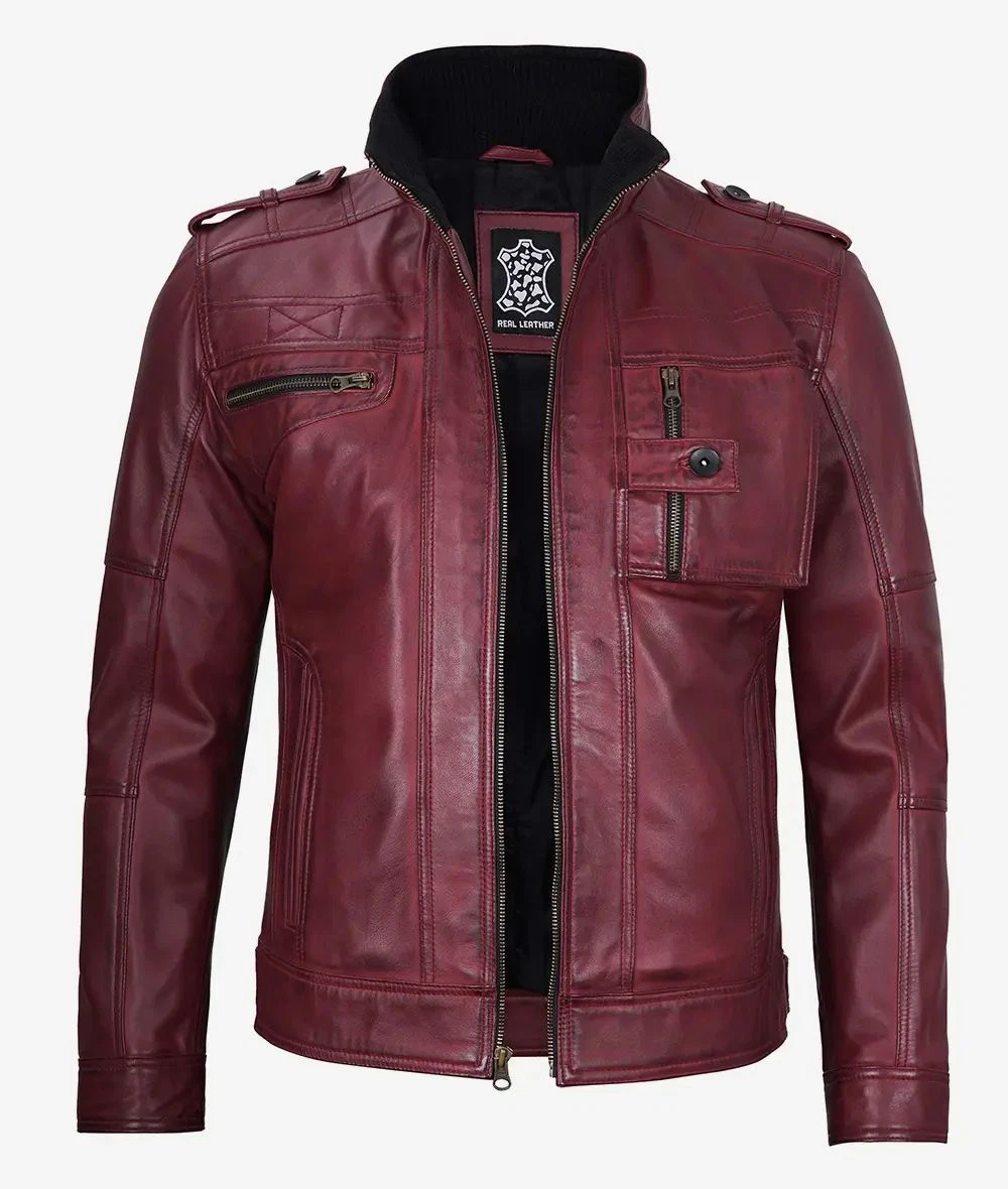 Men's New Stylish Moto Biker Race Bomber Genuine Sheepskin Maroon Leather Jacket