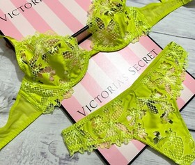Victoria's Secret LUXE Unlined Floral Embroidered Demi Bra Thong Set Limelight