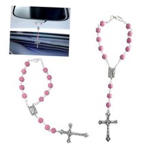 2PCS Pink Rosary Pendant Car Interior Rear View Mirror Charm Auto Decors, Rose