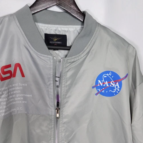 AsstSeries NASA Bomber Jacket Mens Mens XL Silver Streetwear Y2K Space Retro image 7