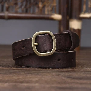 Retro 23mm Width Womens Narrow Leather Belt Brass Buckle Skinny Genuine Cowhide