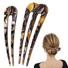 2 PCS Large French Hair Pins Tortoise 3 Prong U Shaped Forks For Thick Hair