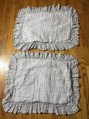 Pine Cone Hill Beige Ruffled Linen Pillow Shams, Set of Two, Standard 100% Linen