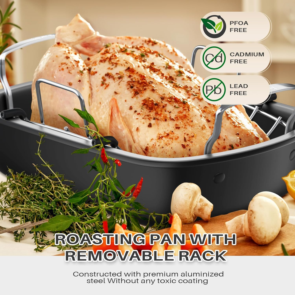 Nonstick Turkey Roasting Pan with Rack, 17 X 13 Inch Turkey Pan, Large