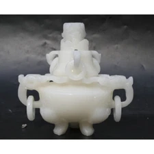 6.5" Chinese White Jade Carved Dragon Head Beast Tripodia Incense Burner Censer