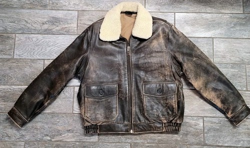 VTG Men Shearling Lambskin Leather Flight Bomber Jacket Distressed SzXL