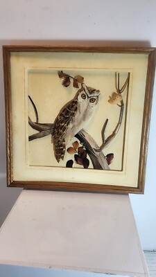 Mid Century Modern 3D Owl Paper Craft/Feathers Shadow Box Wall Art.
