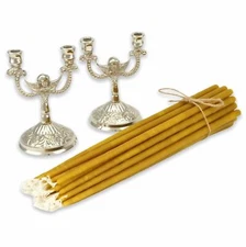 Double Silver Angel Candlestick Pair + 20pcs Pure Beeswax Taper Church Candles
