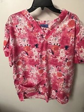 womens Pink print scrub top. Large