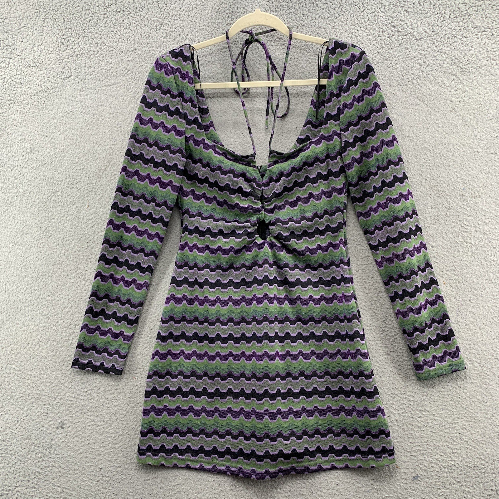 NWT Zara Green Purple Metallic Chevron Print Long Sleeve Strap Mini Dress Size M