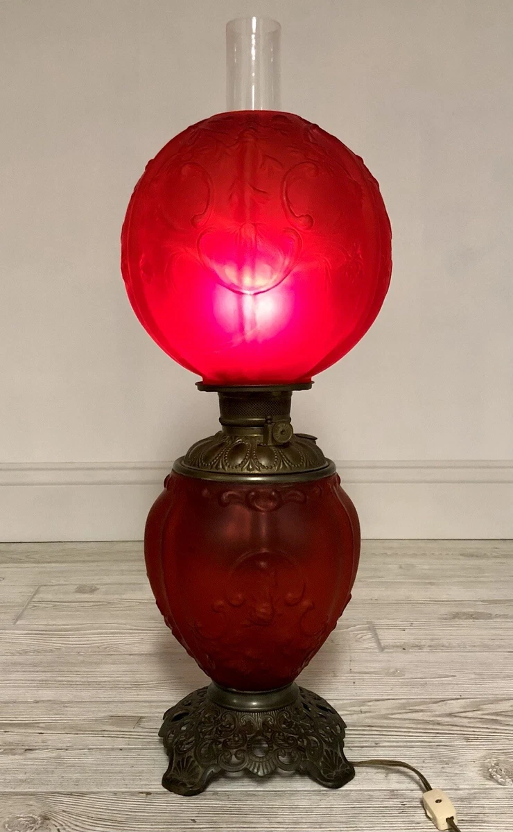 Exquisite Antique Red Satin Oil Lamp Scroll Chrysanthemum Electrified b