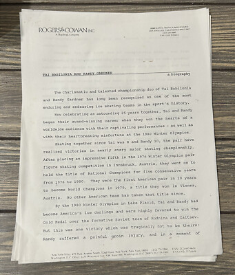 Vintage Tai Babilonia and Randy Gardner Press Release Paper Biography
